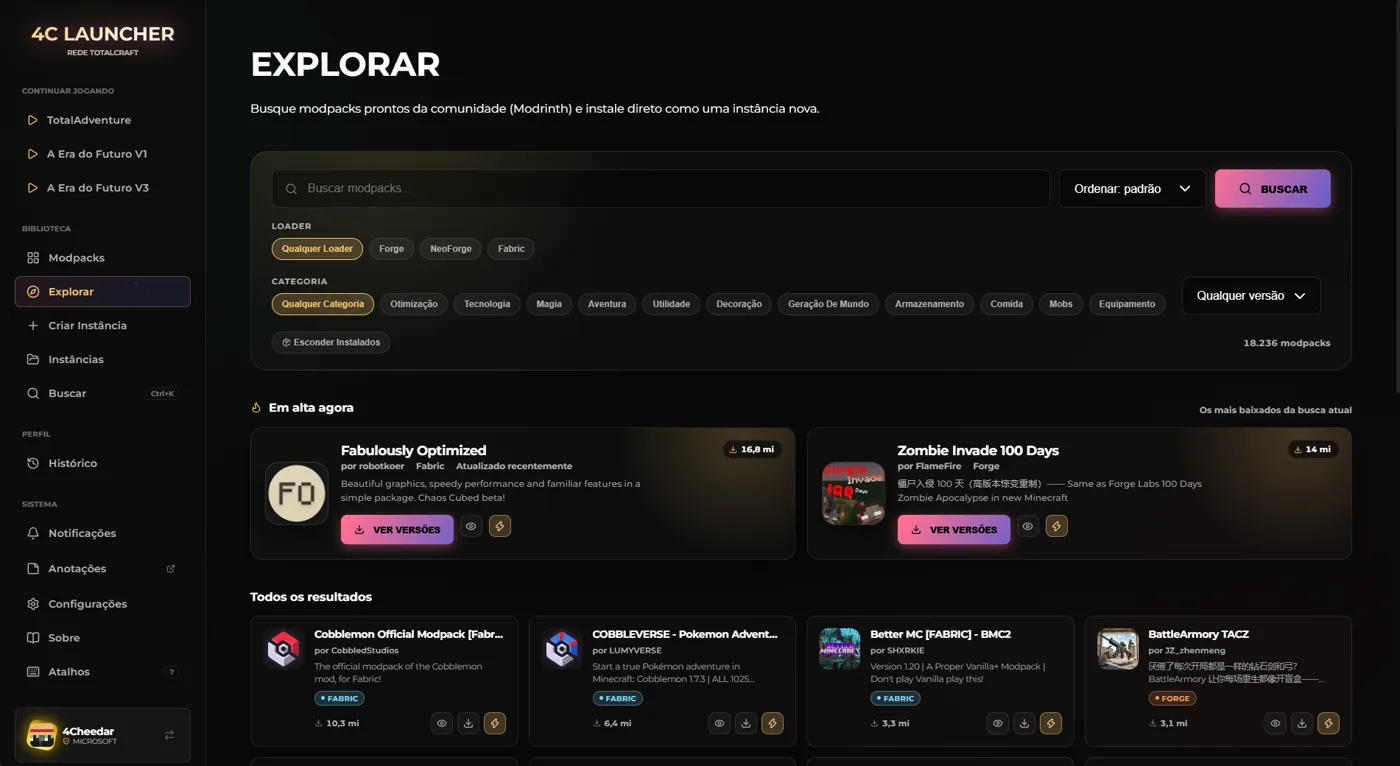 Tela Explorar do 4C Launcher buscando modpacks no Modrinth