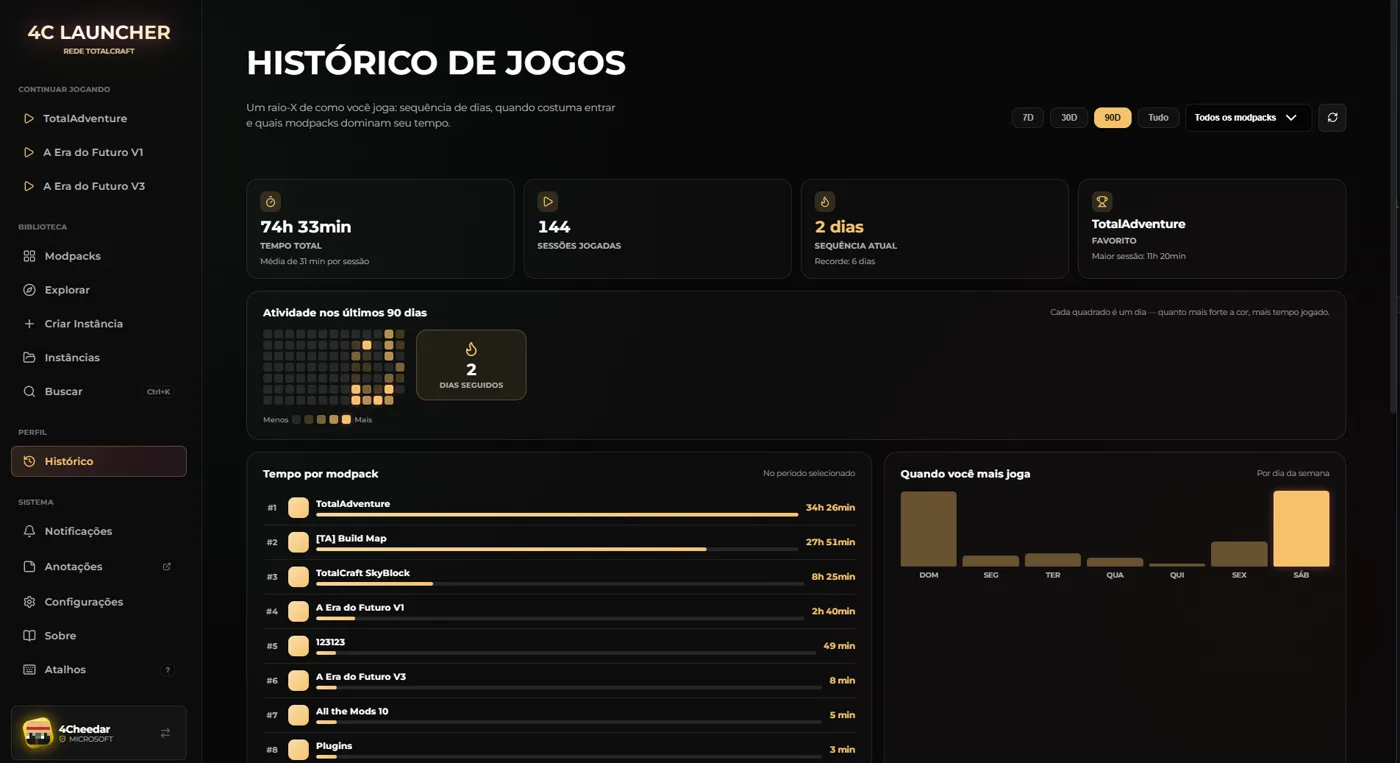 Tela de Histórico de Jogos do 4C Launcher