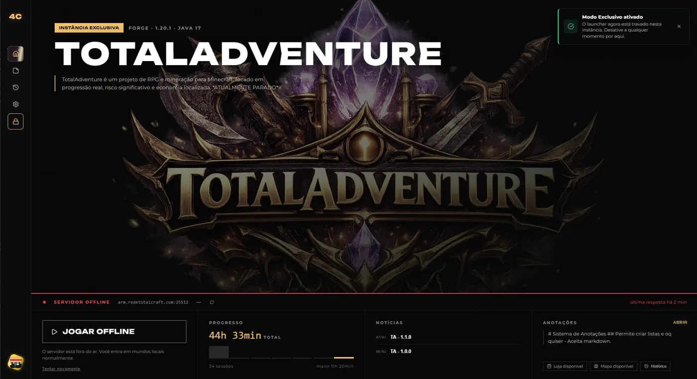 Página da instância TotalAdventure com Modo Exclusivo ativado