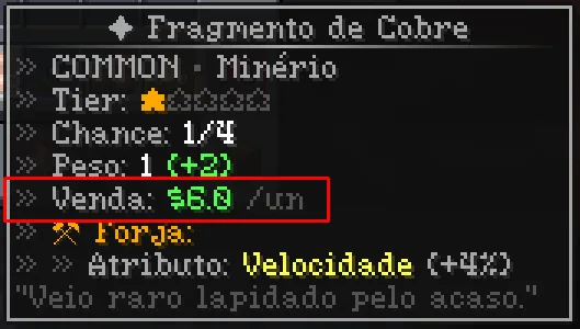 Lore mostrando valor de venda de minérios